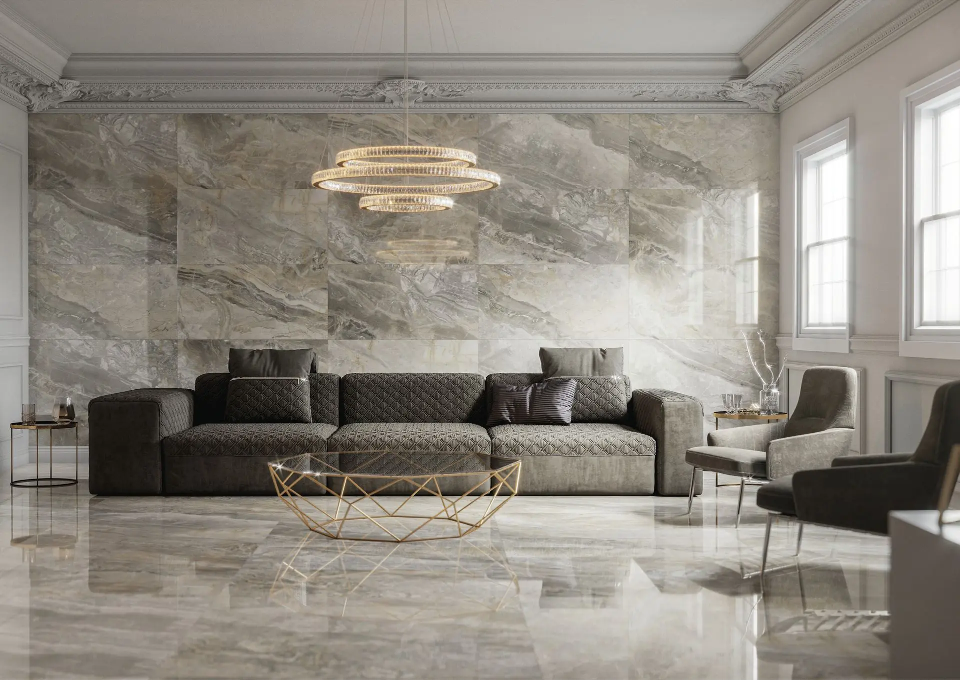 Luxe woonkamer met glanzende marmerlook XXL vloertegels tot 120x280 cm en moderne inrichting