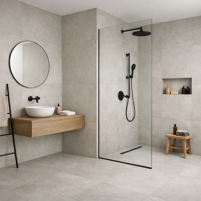 Minimalistische badkamer met grote lichtgrijze keramische vloertegels, inloopdouche en zwevend houten wastafelmeubel