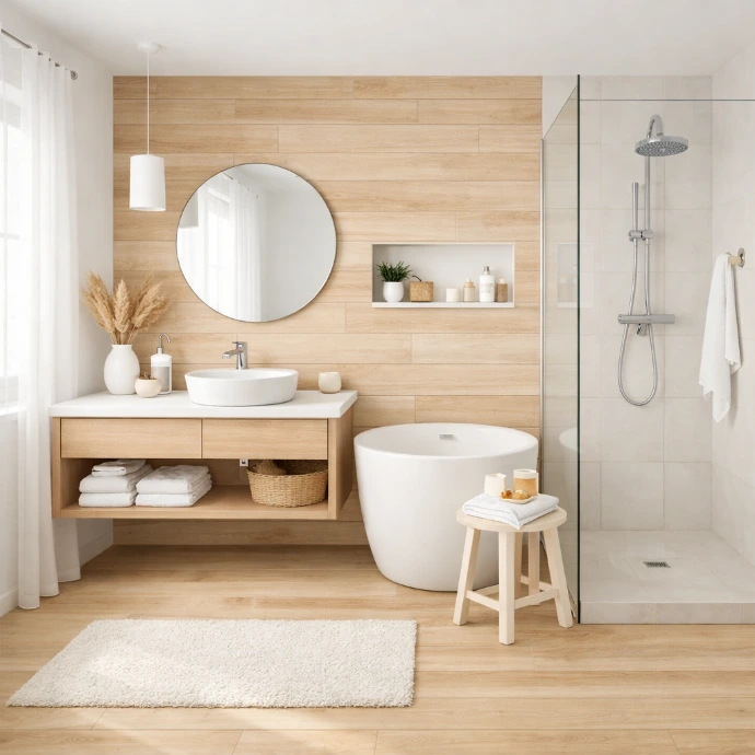 Scandinavische badkamer met houtlook vloertegels, vrijstaand bad en inloopdouche