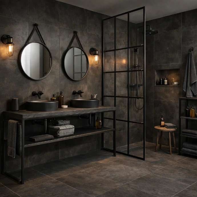 Luxe badkamer met grote donkere keramische vloertegels, industriële inloopdouche en dubbele wastafel met ronde spiegels