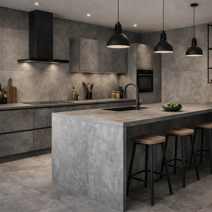 Industriële keuken met grote grijze betonlook keramische vloertegels en kookeiland