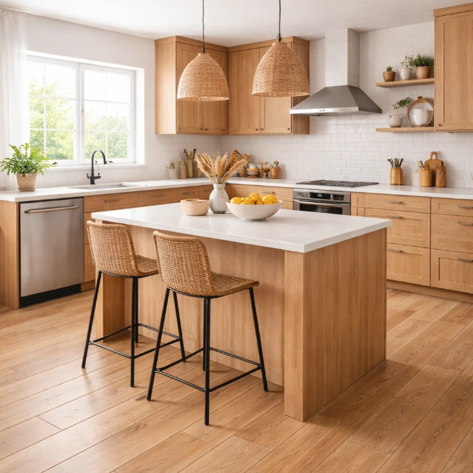 Lichte landelijke keuken met houtlook keramische vloertegels en kookeiland met witte werkblad