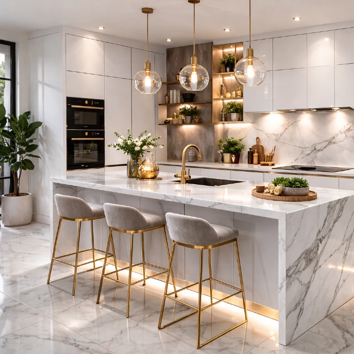 Luxe moderne keuken met glanzende marmerlook keramische vloertegels, wit kookeiland en gouden accenten