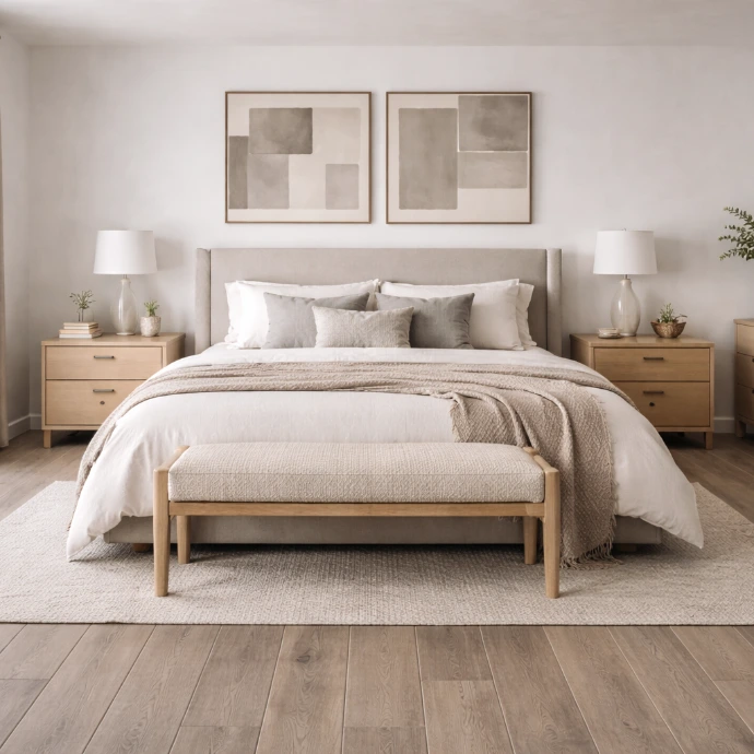 Slaapkamer met keramische houtlook vloertegels, licht houten meubels en neutrale tinten