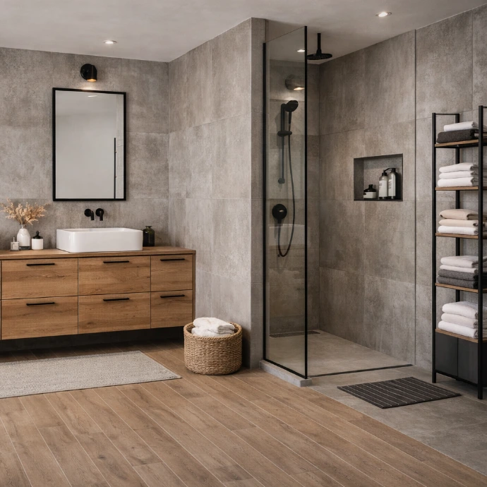 Moderne badkamer met keramische houtlook vloertegels en grijze wandtegels, inloopdouche en houten badkamermeubel