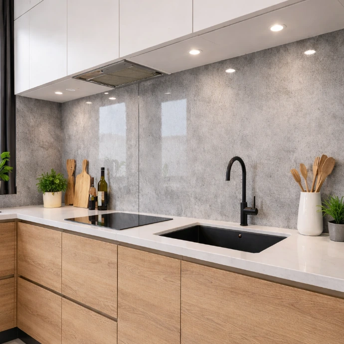 Moderne keuken met SPC wandpanelen in betonlook, eenvoudig schoon te maken en waterbestendig.