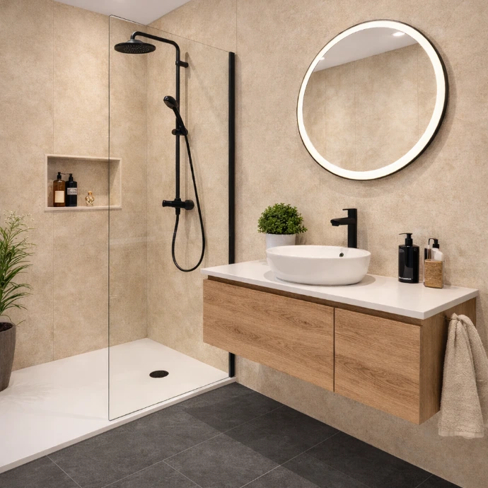 Moderne badkamer met SPC wandpanelen in beige steenlook, ideaal als waterdichte wandbekleding.