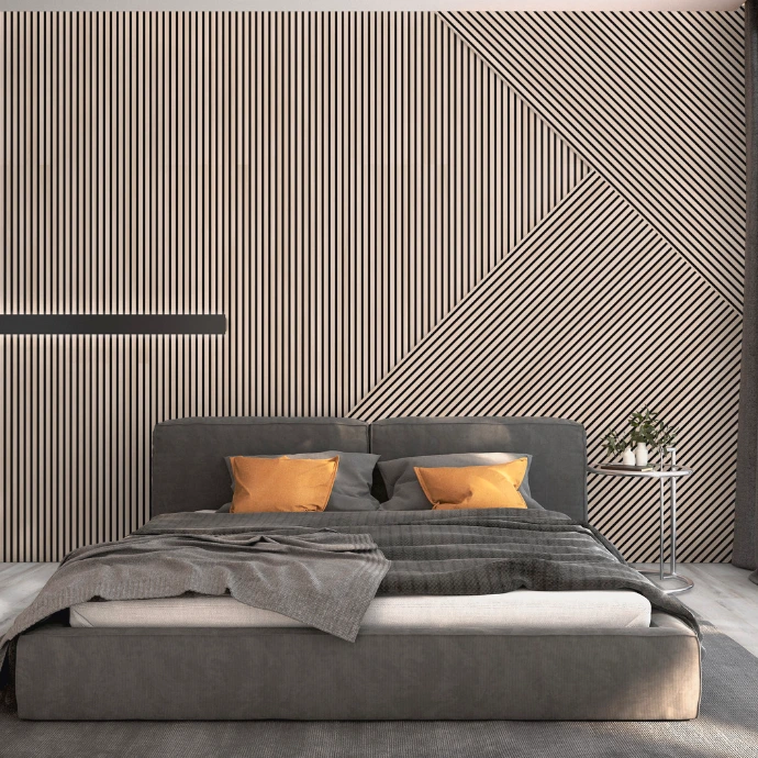 Slaapkamer met moderne akoestische wandpanelen in geometrisch patroon achter het bed.