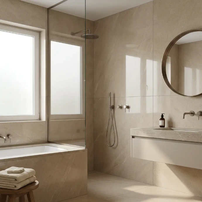 Moderne badkamer met grote beige wandpanelen, inloopdouche, bad en zwevend badkamermeubel.