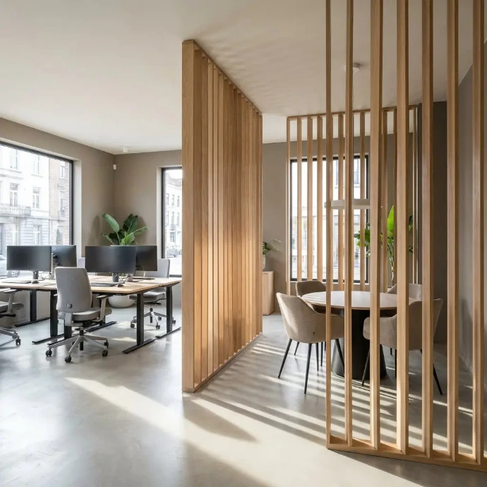 Houten lattenwand als roomdivider in modern kantoor met werkplekken en vergaderruimte.