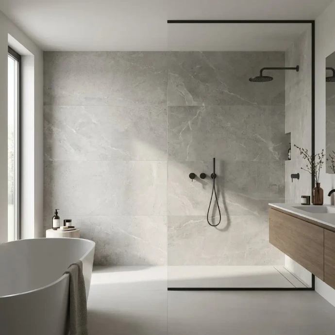Moderne badkamer met grote keramische wandtegels in natuursteenlook en inloopdouche.