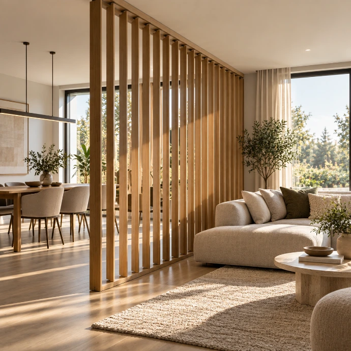 Moderne woonkamer met houten lamellen scheidingswand die zithoek en eetruimte op een stijlvolle, open manier van elkaar scheidt.