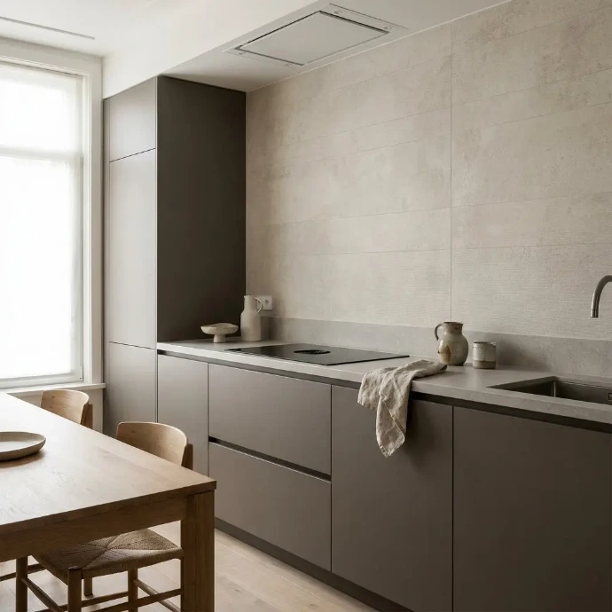 Moderne keuken met beige wandpanelen als spatwand, gecombineerd met donkere kasten en een lichte werkblad.